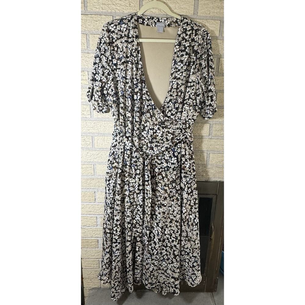 Chico's Dress (sz2=L 12): Floral wrap dress w/ short sleeves, belt